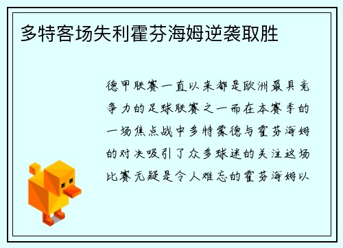 多特客场失利霍芬海姆逆袭取胜
