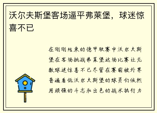 沃尔夫斯堡客场逼平弗莱堡，球迷惊喜不已