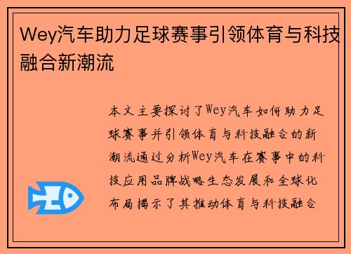 Wey汽车助力足球赛事引领体育与科技融合新潮流