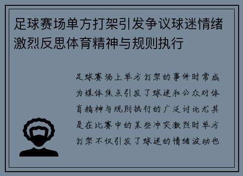 足球赛场单方打架引发争议球迷情绪激烈反思体育精神与规则执行