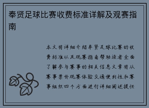 奉贤足球比赛收费标准详解及观赛指南
