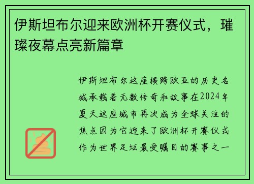 伊斯坦布尔迎来欧洲杯开赛仪式，璀璨夜幕点亮新篇章