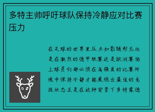 多特主帅呼吁球队保持冷静应对比赛压力
