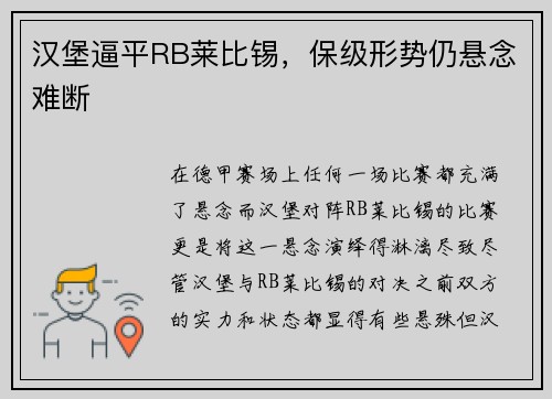 汉堡逼平RB莱比锡，保级形势仍悬念难断