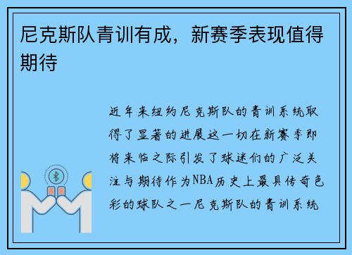 尼克斯队青训有成，新赛季表现值得期待