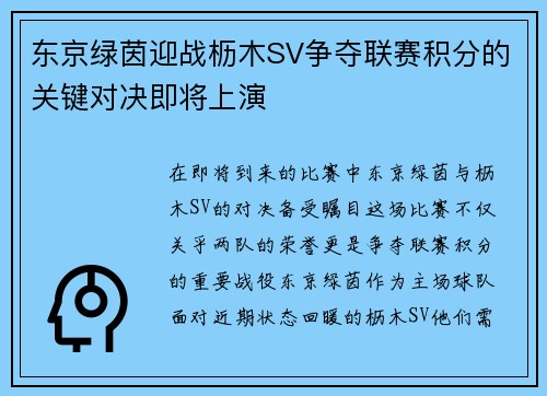 东京绿茵迎战枥木SV争夺联赛积分的关键对决即将上演