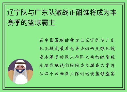 辽宁队与广东队激战正酣谁将成为本赛季的篮球霸主